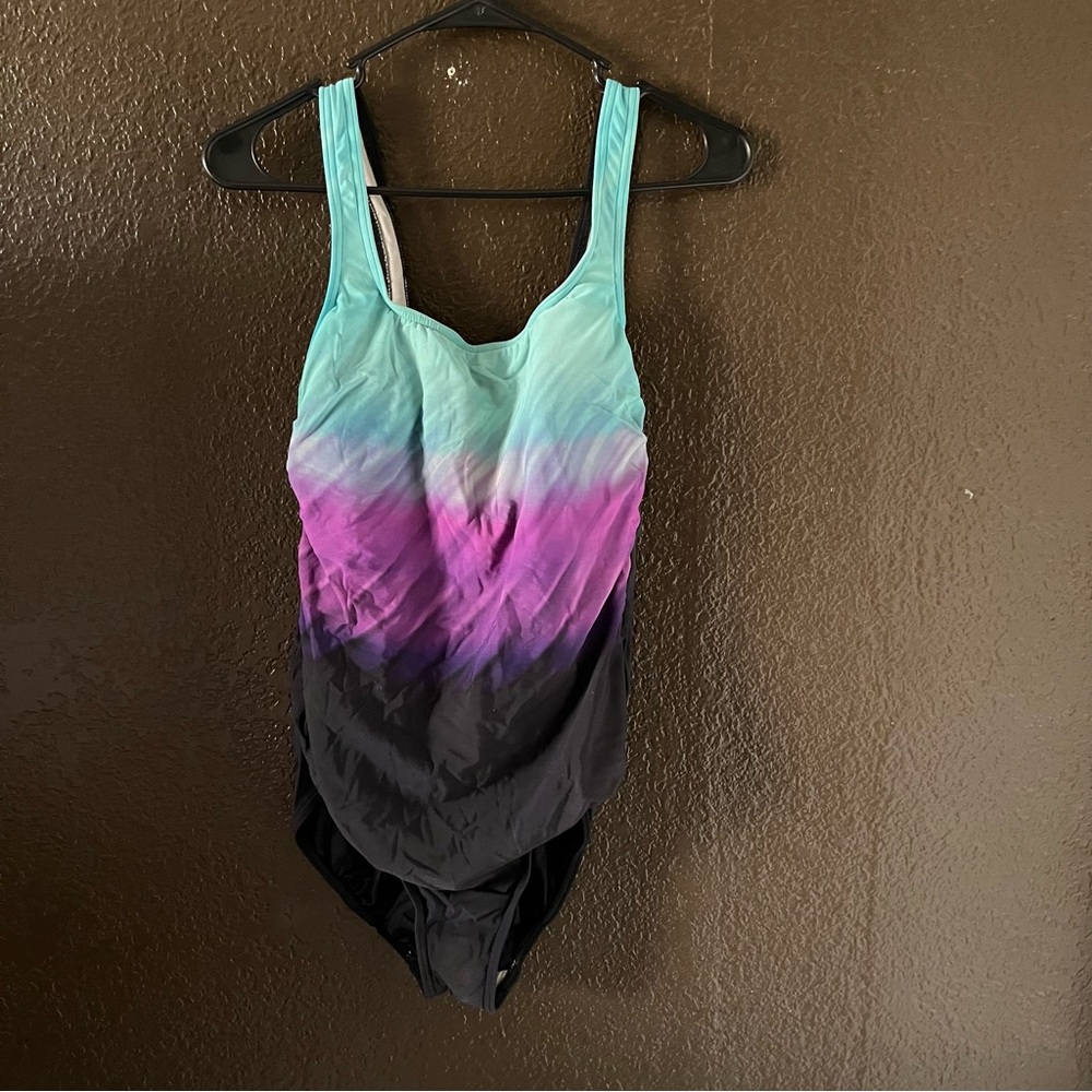 Green, Purple, And Black One Piece Swimsuit, Size 14